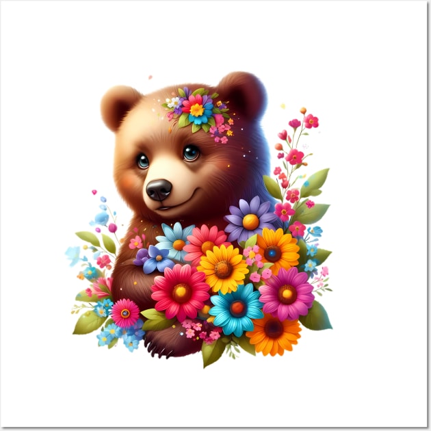 A brown bear decorated with beautiful colorful flowers. Wall Art by CreativeSparkzz